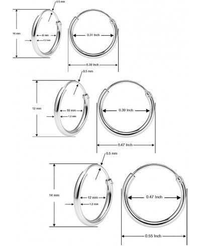 Sterling Silver Endless Hoops 1.2mm x 10mm 12mm 14mm 3 Pairs Thin Round Unisex Earrings Set for Women & Girls Silver $12.05 Hoop