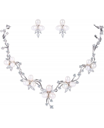 Women's Wedding Bridal Jewelry Set Simulated Pearl CZ Flower Necklace Earrings Silver-Tone $44.19 Jewelry Sets