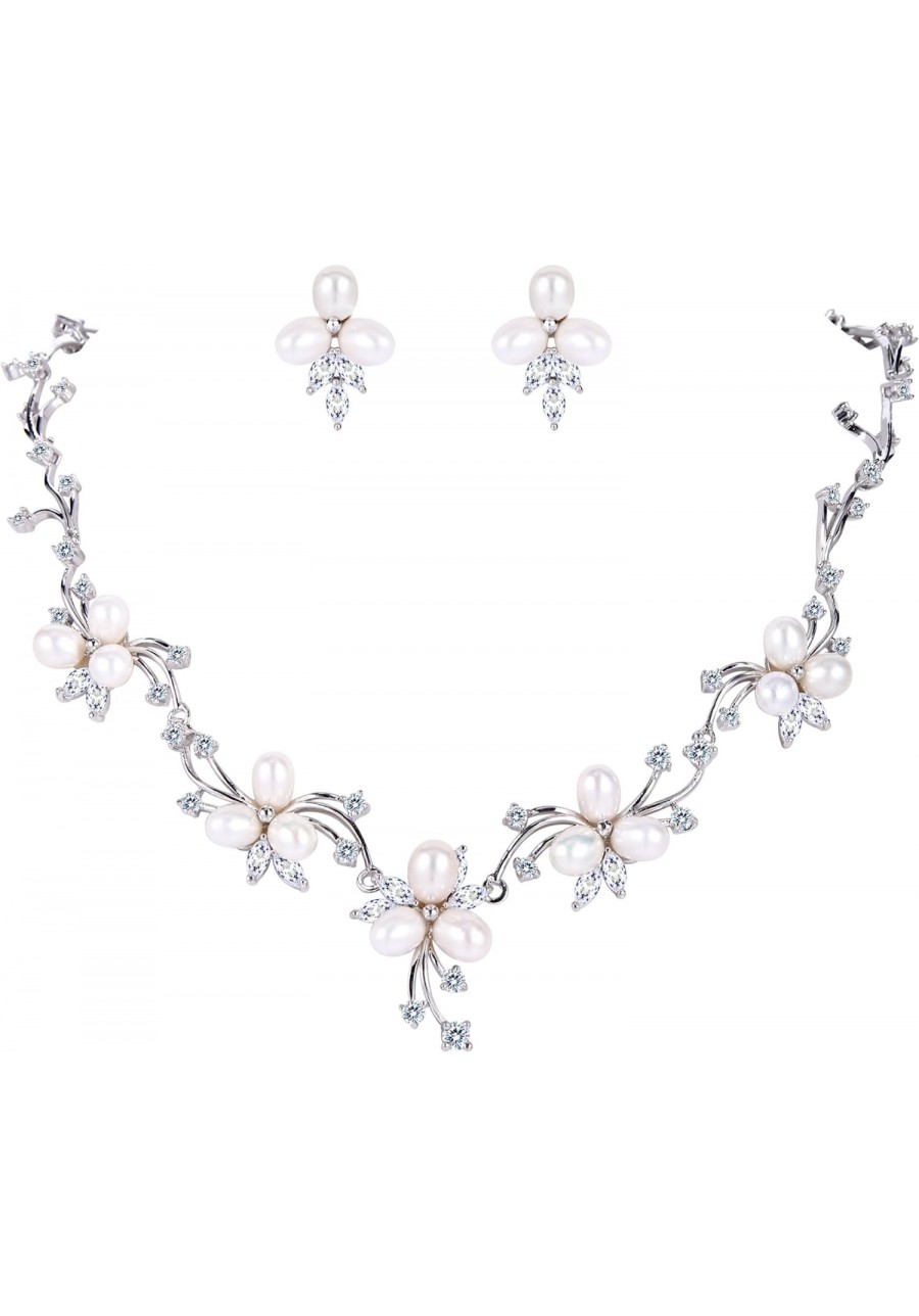 Women's Wedding Bridal Jewelry Set Simulated Pearl CZ Flower Necklace Earrings Silver-Tone $44.19 Jewelry Sets