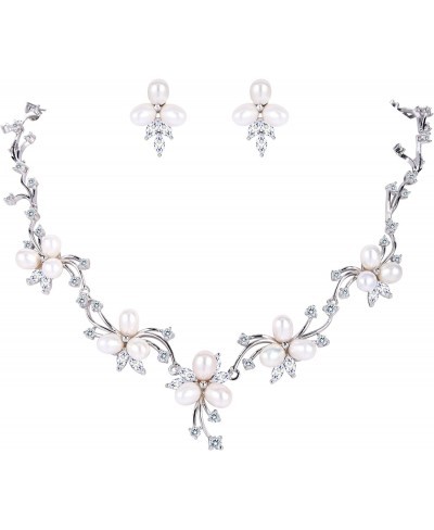 Women's Wedding Bridal Jewelry Set Simulated Pearl CZ Flower Necklace Earrings Silver-Tone $44.19 Jewelry Sets