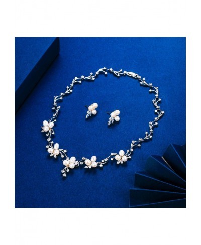 Women's Wedding Bridal Jewelry Set Simulated Pearl CZ Flower Necklace Earrings Silver-Tone $44.19 Jewelry Sets