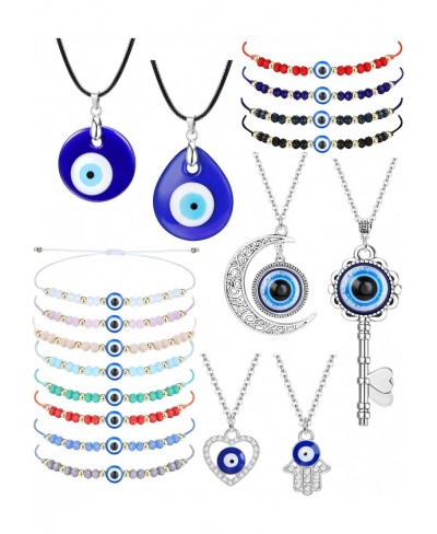 18 Pieces Evil Eye Necklace Evil Eye Bracelet Set Lucky Blue Eye Necklace Pendant for Women Men Adjustable String Knot Evil E...