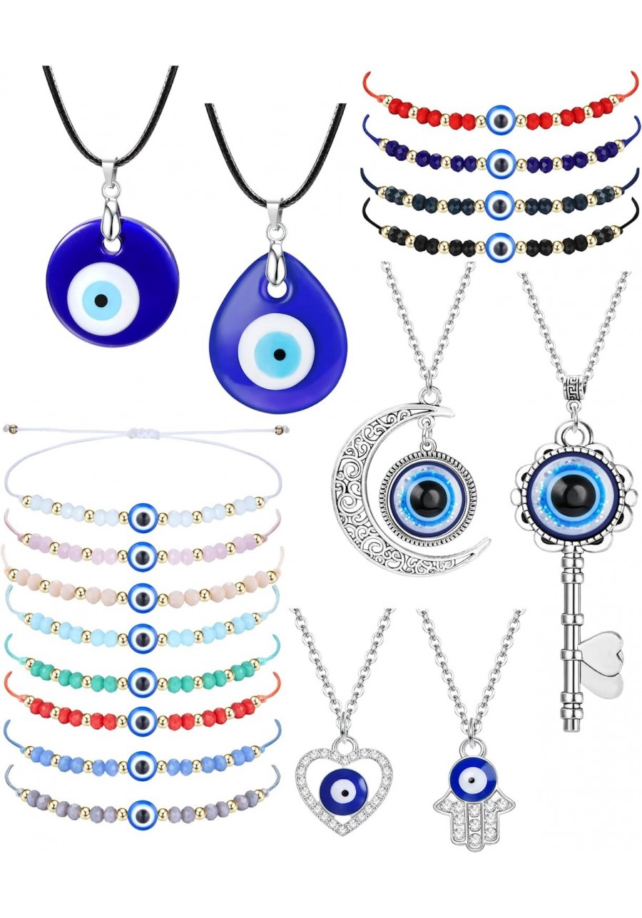 18 Pieces Evil Eye Necklace Evil Eye Bracelet Set Lucky Blue Eye Necklace Pendant for Women Men Adjustable String Knot Evil E...