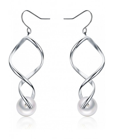 Platinum Plated Linear Loops Design Round White Shell Pearl Dangle Drop Earrings(10mm) $18.36 Drop & Dangle