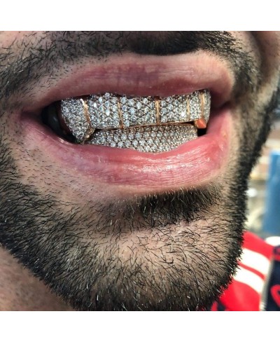 Diamond Grills for Your Teeth Women 18K Gold Plated Fully Iced Out CZ Vampire Top and Bottom Face Mouth Men with Extra Moldin...