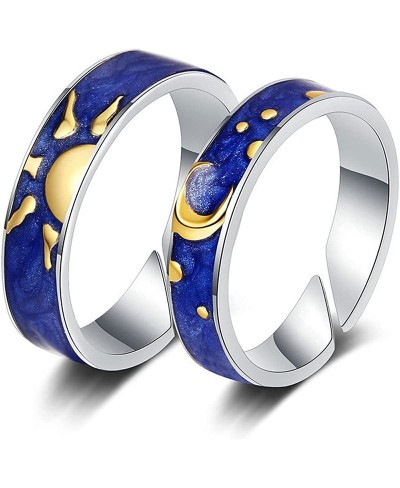 Matching Blue Crescent Moon and Stars Ring - Friendshio Promise Couples Rings Blue Starry Night Rings Sun and Moon Jewelry Gi...