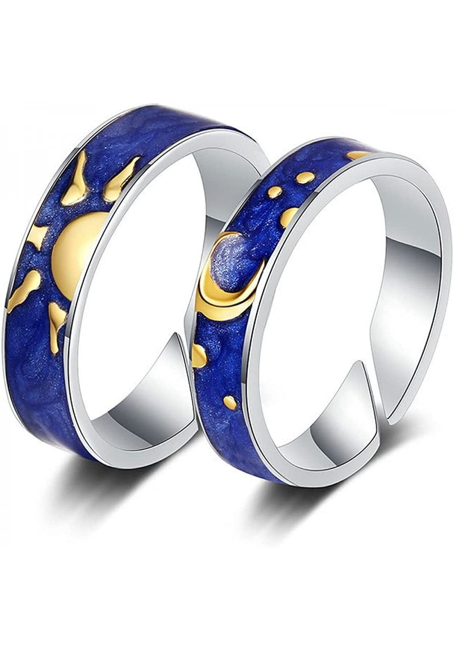 Matching Blue Crescent Moon and Stars Ring - Friendshio Promise Couples Rings Blue Starry Night Rings Sun and Moon Jewelry Gi...