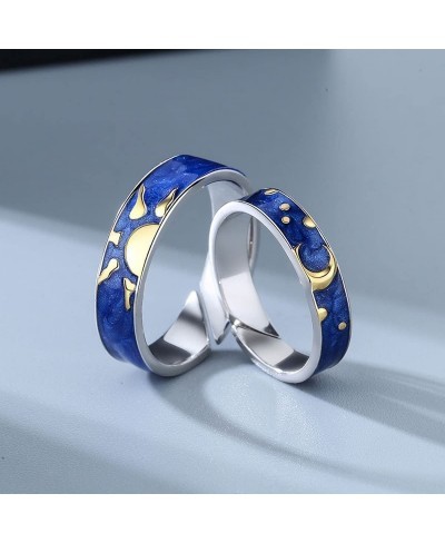 Matching Blue Crescent Moon and Stars Ring - Friendshio Promise Couples Rings Blue Starry Night Rings Sun and Moon Jewelry Gi...