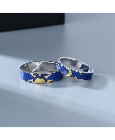 Matching Blue Crescent Moon and Stars Ring - Friendshio Promise Couples Rings Blue Starry Night Rings Sun and Moon Jewelry Gi...