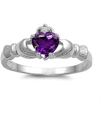 Sterling Silver Simulated Amethyst CZ Heart Claddagh Ring 9MM (Size 4 to 12) 9 $20.60 Engagement Rings