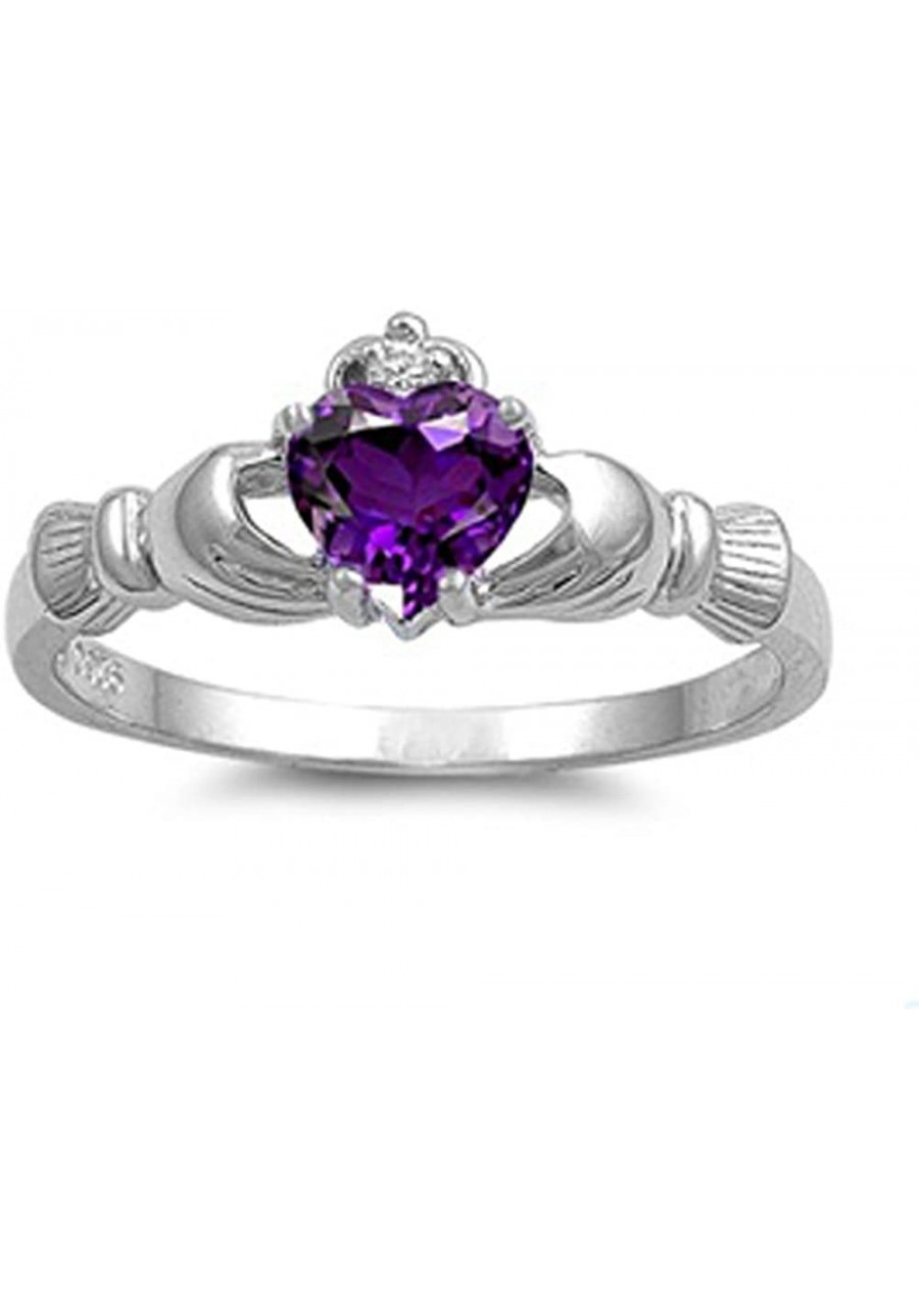 Sterling Silver Simulated Amethyst CZ Heart Claddagh Ring 9MM (Size 4 to 12) 9 $20.60 Engagement Rings