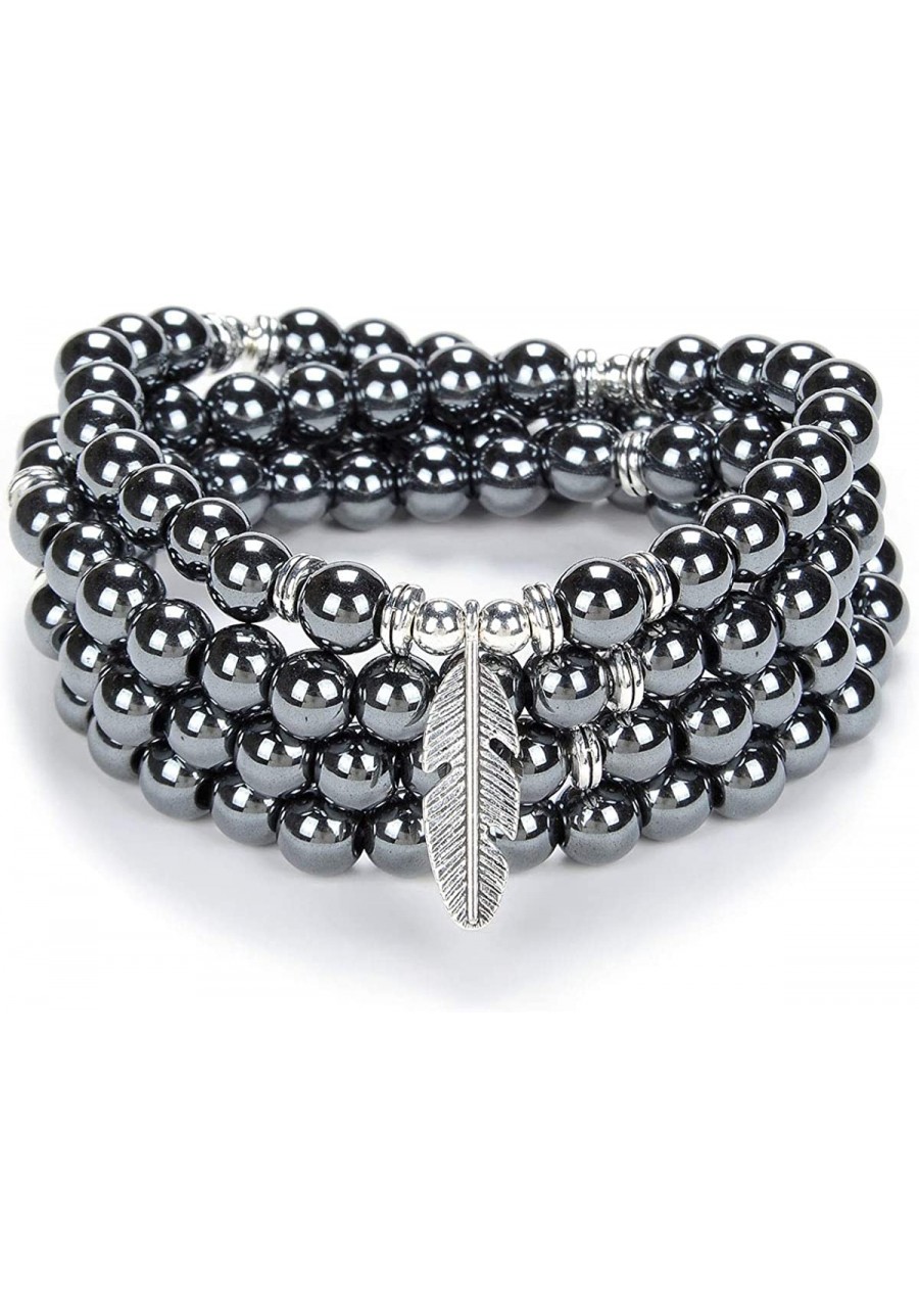 Inspirational Yoga Beads Bracelet 108 Mala Stone Necklace with Dainty Lucky Feather Charm (Hematite) $21.00 Strands