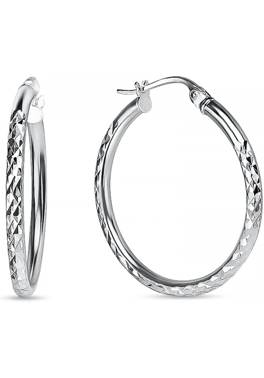 Sterling Silver High Polished Round Diamond-cut Textured Click-Top 2mm Hoop Earrings $22.86 Hoop