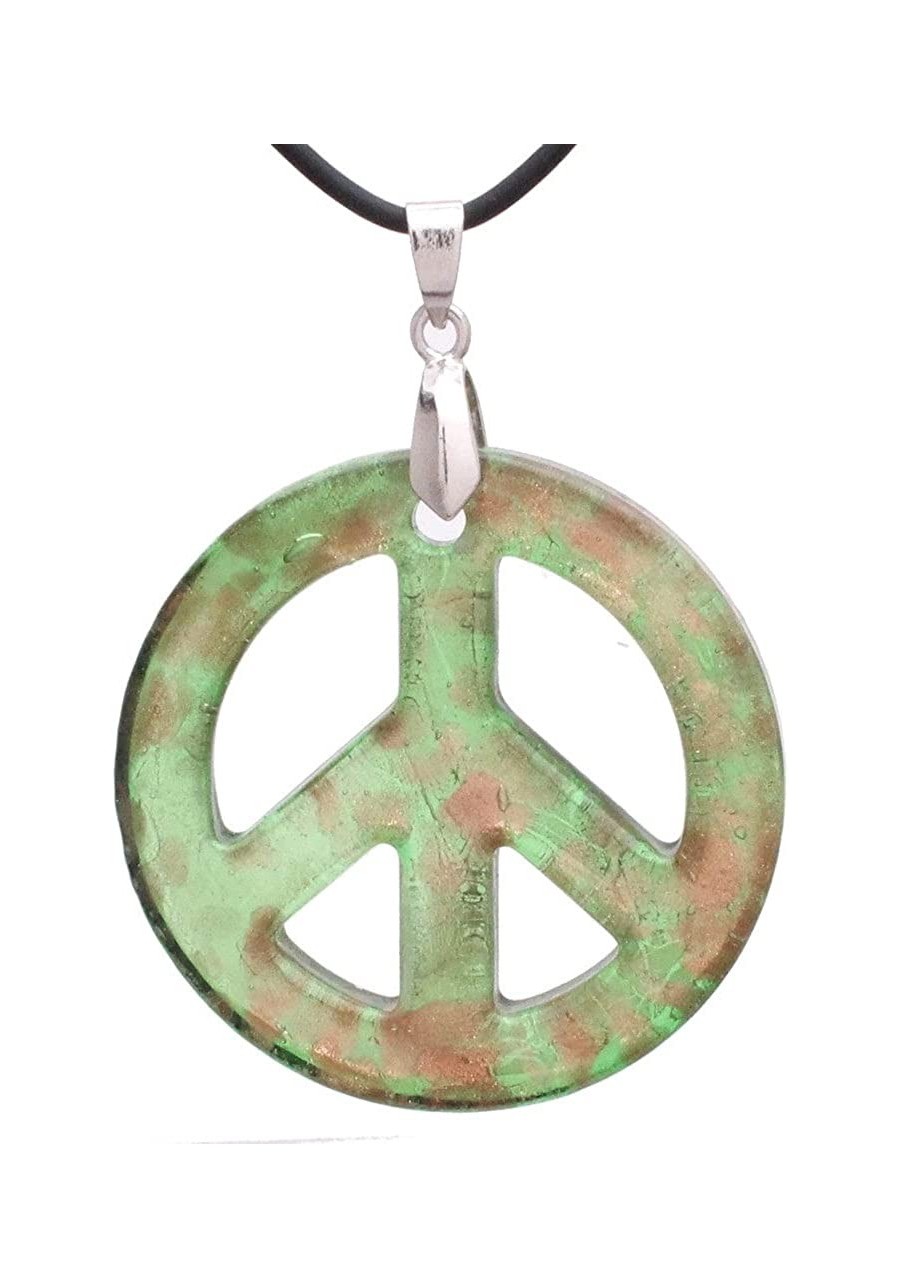 Murano-inspired Glass Mint Green and Golden flecked Peace Sign Pendant Necklace Handcrafted Artisan Blown Hypoallergenic Ital...