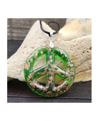 Murano-inspired Glass Mint Green and Golden flecked Peace Sign Pendant Necklace Handcrafted Artisan Blown Hypoallergenic Ital...