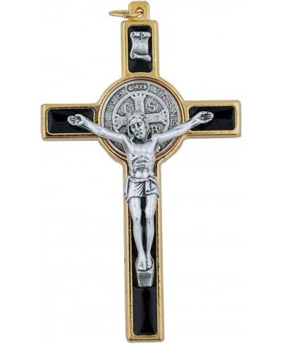 St. Benedict Crucifix with Round St. Benedict Medal Inlay 3" Gold-Tone and Black Enamel Cross with Cord and Booklet Patron Sa...