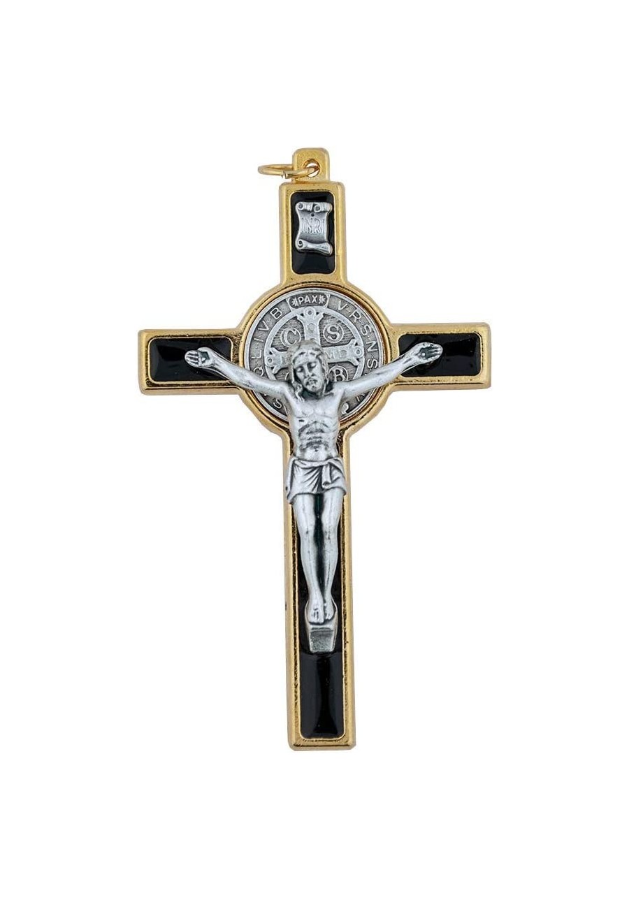 St. Benedict Crucifix with Round St. Benedict Medal Inlay 3" Gold-Tone and Black Enamel Cross with Cord and Booklet Patron Sa...