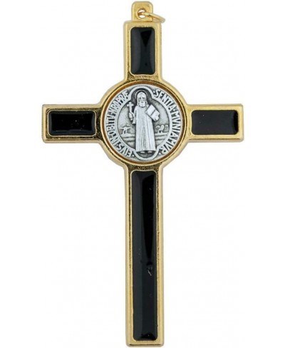 St. Benedict Crucifix with Round St. Benedict Medal Inlay 3" Gold-Tone and Black Enamel Cross with Cord and Booklet Patron Sa...