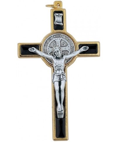 St. Benedict Crucifix with Round St. Benedict Medal Inlay 3" Gold-Tone and Black Enamel Cross with Cord and Booklet Patron Sa...