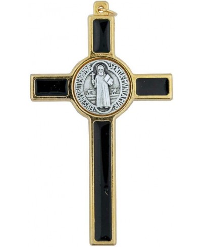 St. Benedict Crucifix with Round St. Benedict Medal Inlay 3" Gold-Tone and Black Enamel Cross with Cord and Booklet Patron Sa...