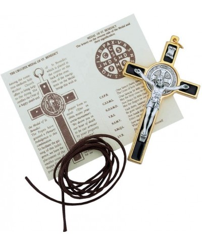 St. Benedict Crucifix with Round St. Benedict Medal Inlay 3" Gold-Tone and Black Enamel Cross with Cord and Booklet Patron Sa...