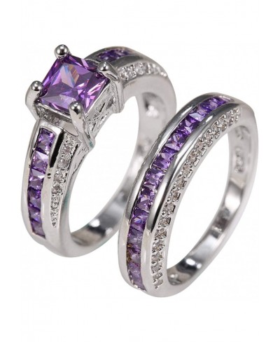Exquisite Ring Fresh Style Ladies Couple Love Rings 2Pcs Princess Jewelry Square Faux Amethyst Rhinestone Inlaid Wedding Ring...