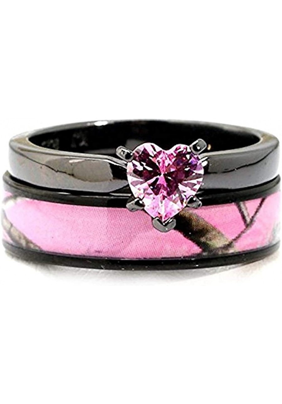 Black Plated Pink Camo Wedding Ring Set Pink Heart Engagement Rings Hypoallergenic Stainless Steel $34.02 Wedding Bands