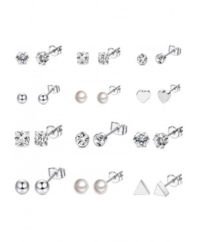 12 Pairs Stainless Steel Earrings Stud Earrings Set for Womens Round Clear CZ Stud $10.94 Stud