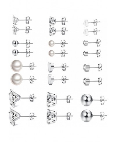 12 Pairs Stainless Steel Earrings Stud Earrings Set for Womens Round Clear CZ Stud $10.94 Stud