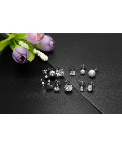 12 Pairs Stainless Steel Earrings Stud Earrings Set for Womens Round Clear CZ Stud $10.94 Stud