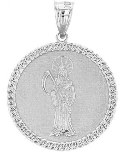 Sterling Silver Santa Muerte (Grim Reaper) Cuban Link Frame Round Medal Pendant $25.58 Pendants & Coins