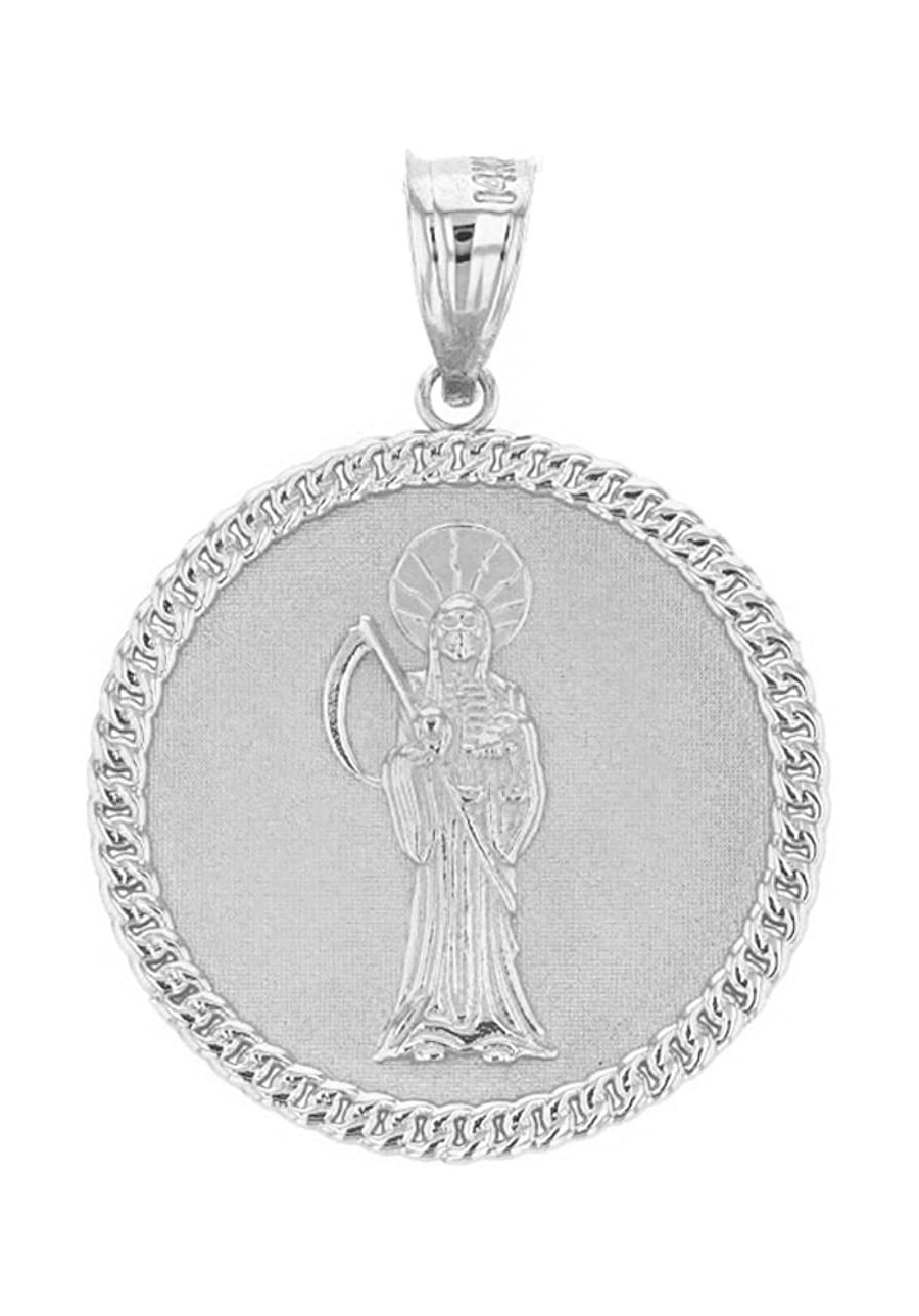 Sterling Silver Santa Muerte (Grim Reaper) Cuban Link Frame Round Medal Pendant $25.58 Pendants & Coins