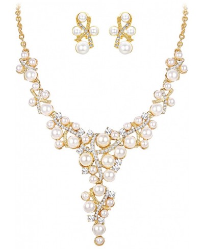 Wedding Bridal Crystal Ivory Color Simulated Pearl Cluster Statement Necklace Dangle Earrings Set $14.94 Jewelry Sets