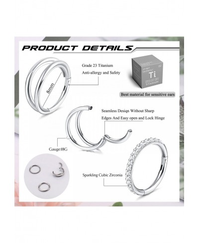 18G 16G G23 Titanium Nose Rings Hoops for Women Men Hypoallergenic CZ Clicker Conch Hoop Earrings Hinged Segment Septum Lip H...