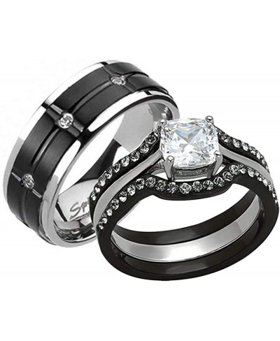 Black Stainless Steel Titanium Cushion Cut Cubic Zirconia His and Hers Wedding Ring Sets 4 pcs $26.86 Bridal Sets