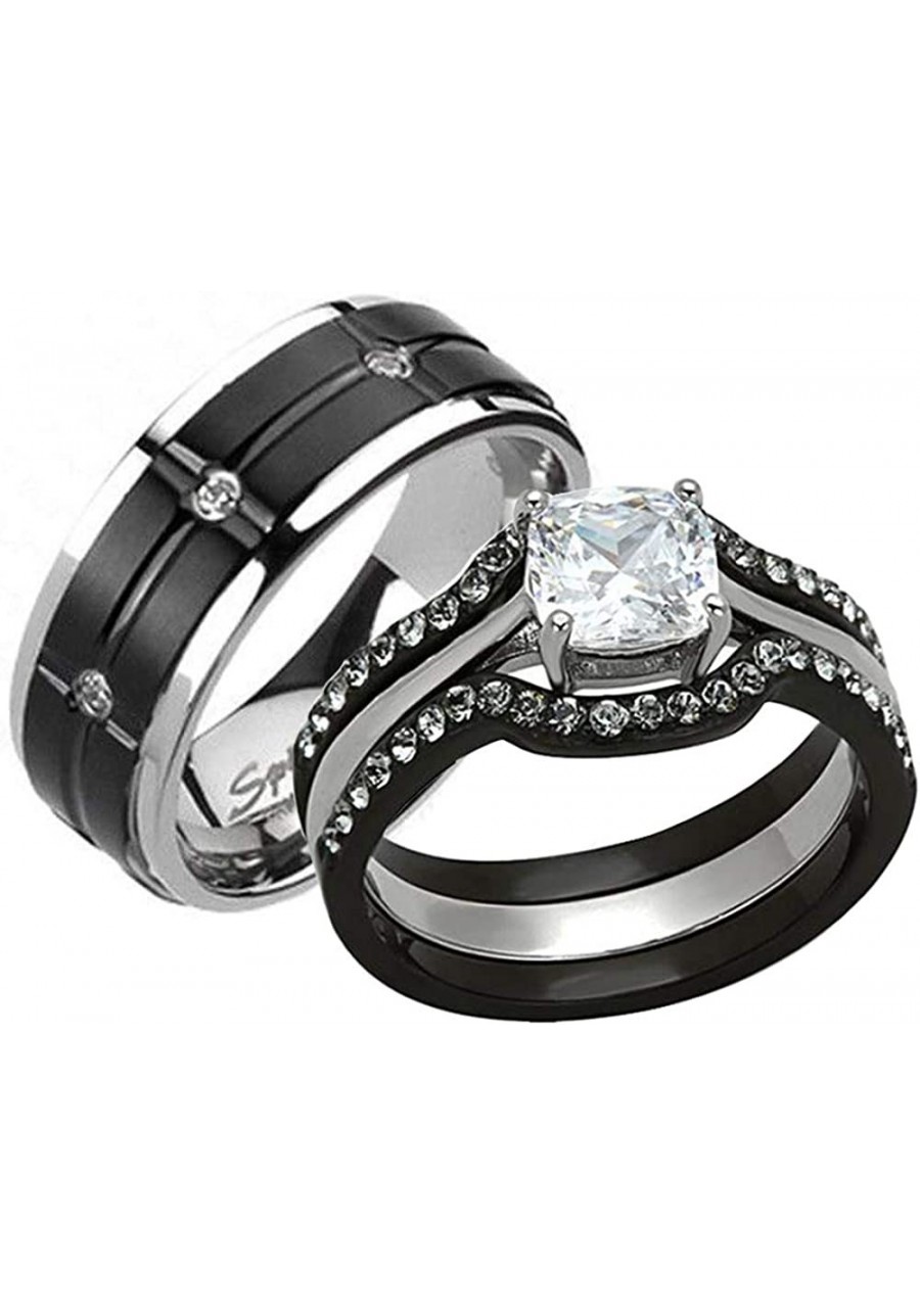 Black Stainless Steel Titanium Cushion Cut Cubic Zirconia His and Hers Wedding Ring Sets 4 pcs $26.86 Bridal Sets