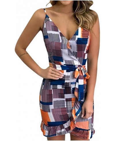 Women Summer Wrap V Neck Sleeveless Printed Elastic Tie Waist Casual Beach Party Mini Dress Vestidos $8.97 Anniversary Rings