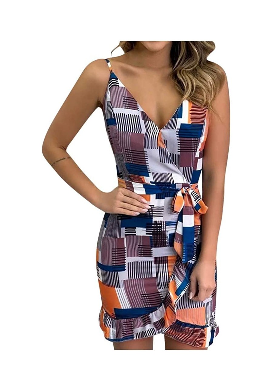 Women Summer Wrap V Neck Sleeveless Printed Elastic Tie Waist Casual Beach Party Mini Dress Vestidos $8.97 Anniversary Rings