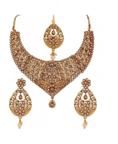 Indian Jewelry Antique Kundan Crystal Choker Necklace Earring Maang Tikka Head Chain Bollywood Wedding Jewelry Set $20.93 Jew...