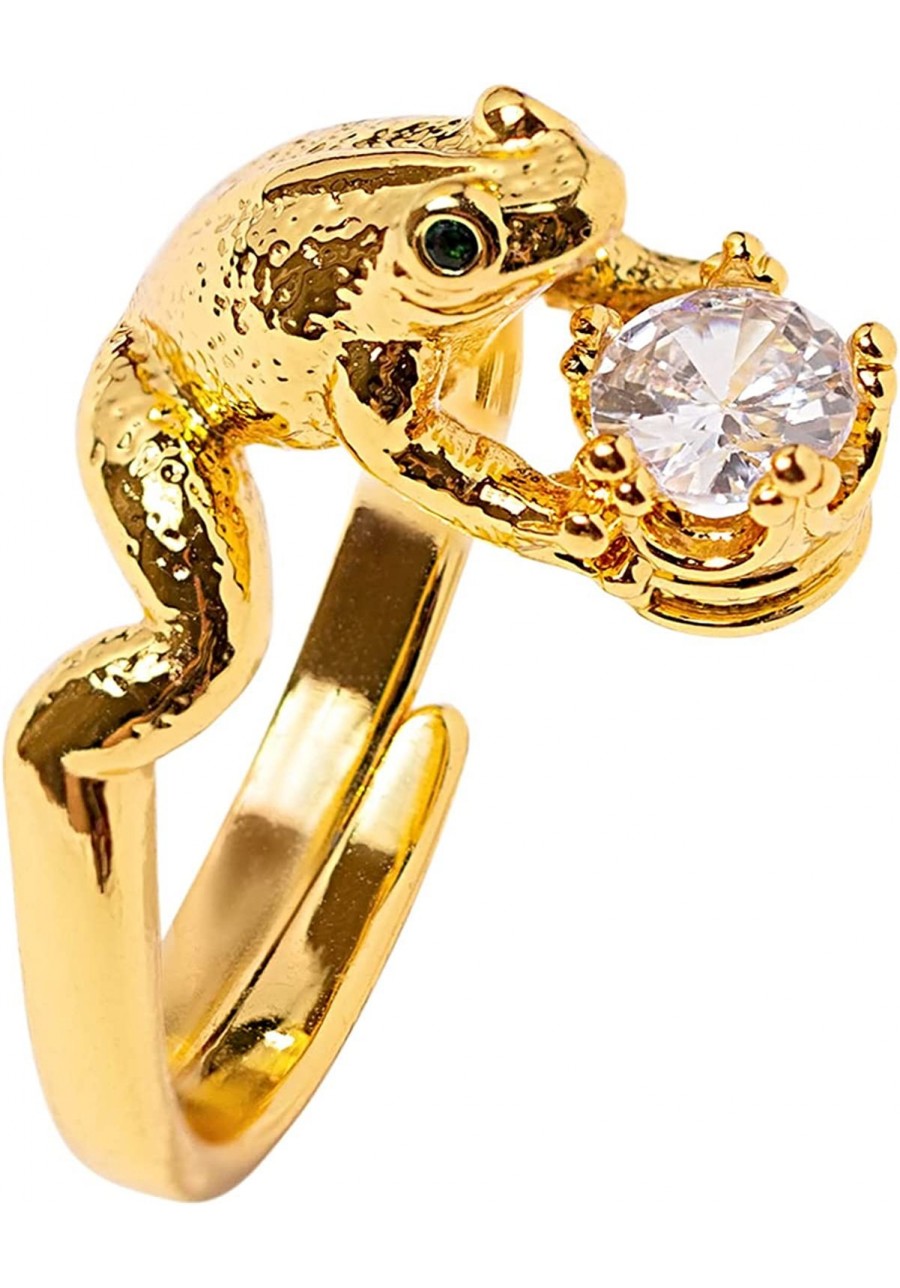 Frog Engagement Promise Cute Adjustable Funky Toad Statement Cocktail Crown Ring with CZ Stones for Women $35.36 Engagement R...