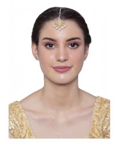 Kundan Pearl Studded Maang Tikka for Women Hypoallergenic Indian Pakistani Ethnic Bridal Gold Plated Broad Maang Tikka Hair O...