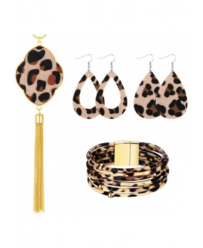 4 Pcs Leopard Earrings Bracelets Jewelry Set for Women Leopard Necklace Long Tassel Pendant Necklace Leopard Dangle Earrings ...