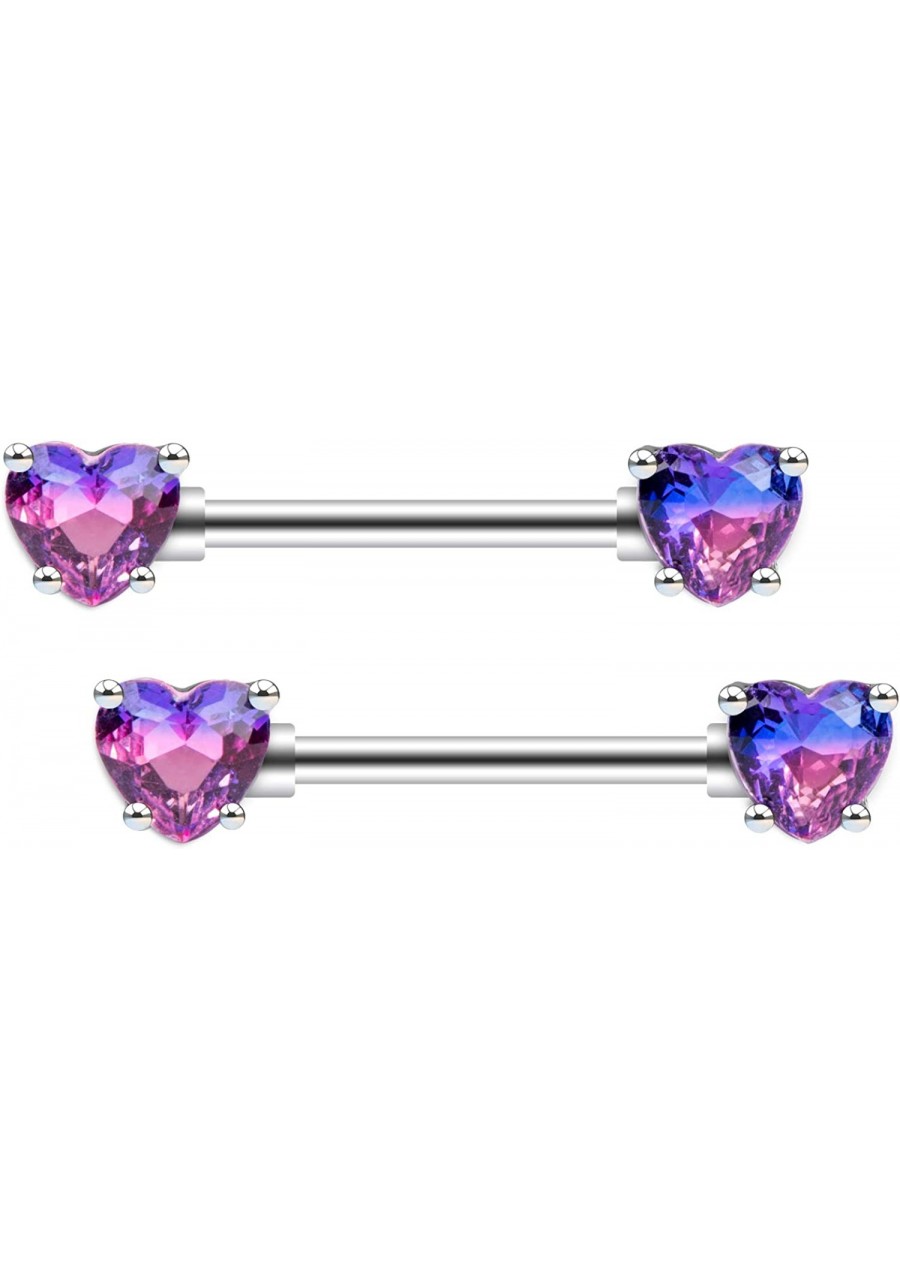 2PCS Nipple Barbell 316L Surgical SS PVD Plated Multi-color Red Blue Rainbow Pink Purple CZ Heart shaped Nipple Piercing Shin...