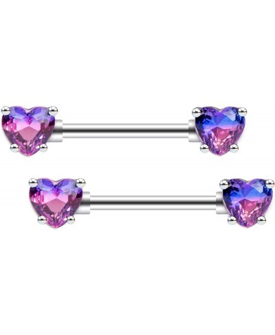 2PCS Nipple Barbell 316L Surgical SS PVD Plated Multi-color Red Blue Rainbow Pink Purple CZ Heart shaped Nipple Piercing Shin...