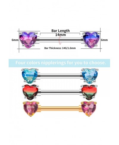 2PCS Nipple Barbell 316L Surgical SS PVD Plated Multi-color Red Blue Rainbow Pink Purple CZ Heart shaped Nipple Piercing Shin...