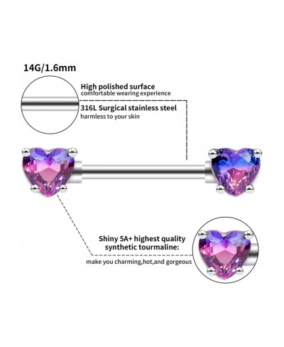 2PCS Nipple Barbell 316L Surgical SS PVD Plated Multi-color Red Blue Rainbow Pink Purple CZ Heart shaped Nipple Piercing Shin...