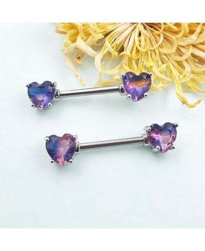 2PCS Nipple Barbell 316L Surgical SS PVD Plated Multi-color Red Blue Rainbow Pink Purple CZ Heart shaped Nipple Piercing Shin...