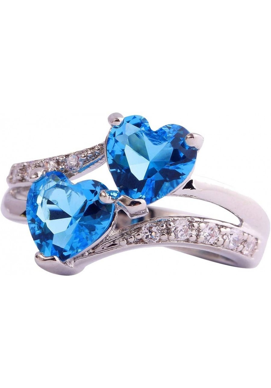 Vintage 925 Sterling Silver Plated Halo CZ Double Heart Created Blue&White Topaz Love Wedding Promise Ring $7.24 Wedding Bands