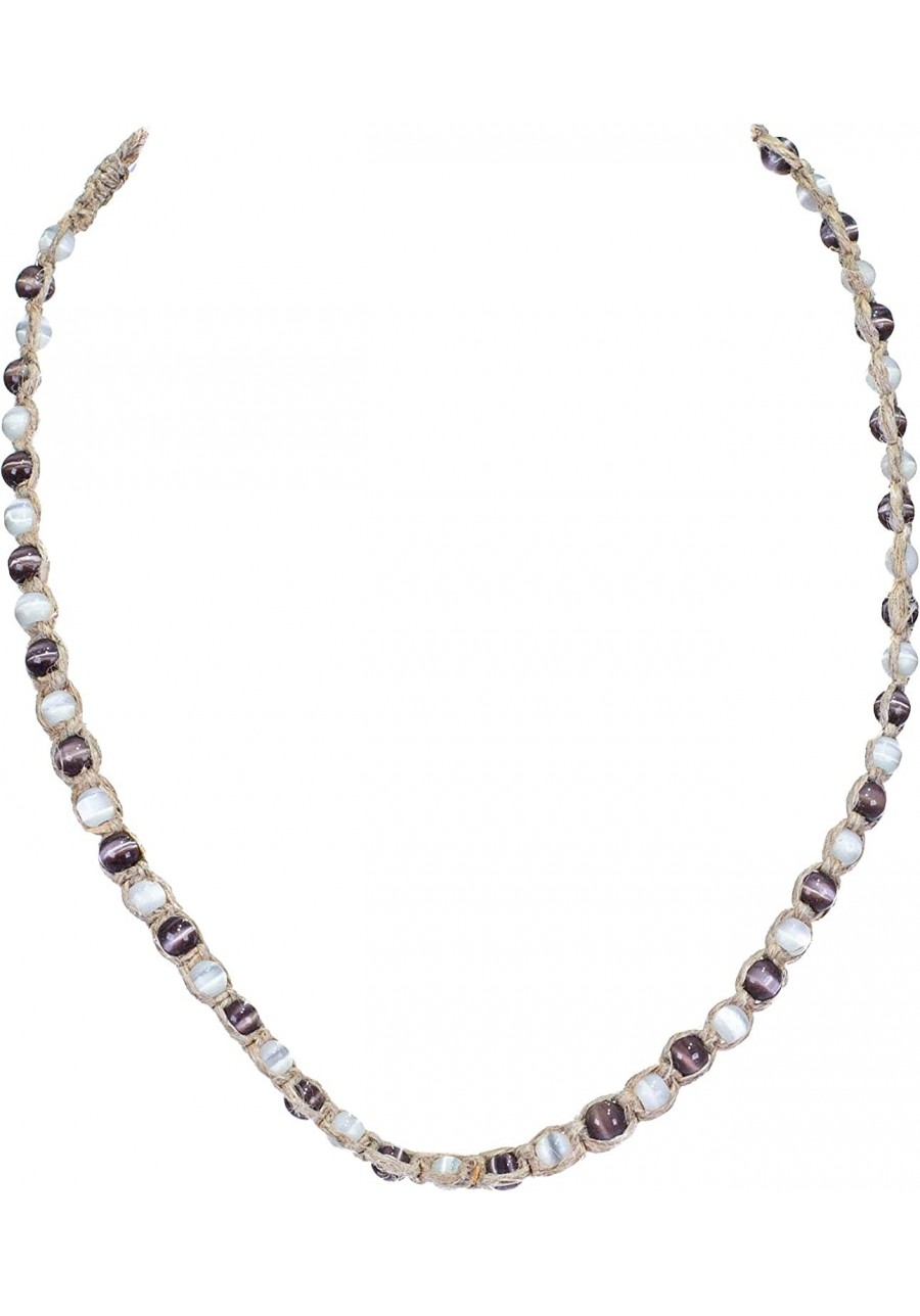 Hemp Choker Necklace with White and Purple Cat's Eye Beads $13.80 Chokers