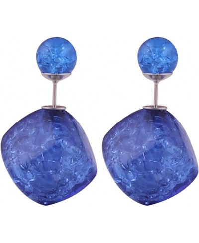 925 Sterling Silver Plated Double-sided Blue Ice Crack Square Charm With Sapphire Round Balls Stud Earrings $11.85 Stud